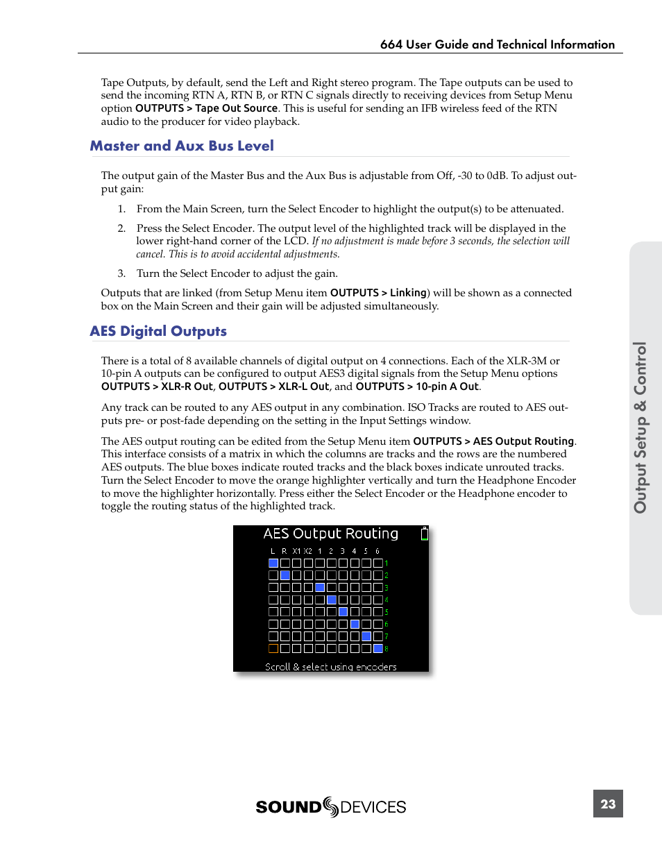 Master and aux bus level, Aes digital outputs, Output se tup & contr ol | Sound Devices 664 User Manual | Page 29 / 78