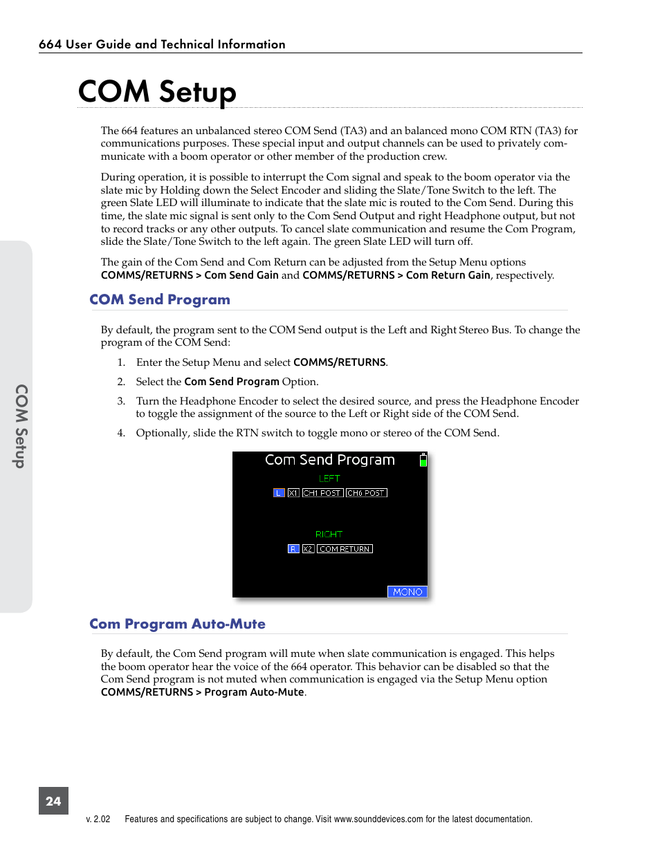 Com setup, Com send program, Com program auto-mute | Com se tup | Sound Devices 664 User Manual | Page 30 / 78