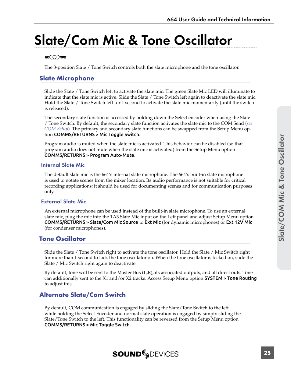 Slate/com mic & tone oscillator, Slate microphone, Tone oscillator | Alternate slate/com switch, Slate microphone tone oscillator, Slat e/c om mic & t one oscillat or | Sound Devices 664 User Manual | Page 31 / 78