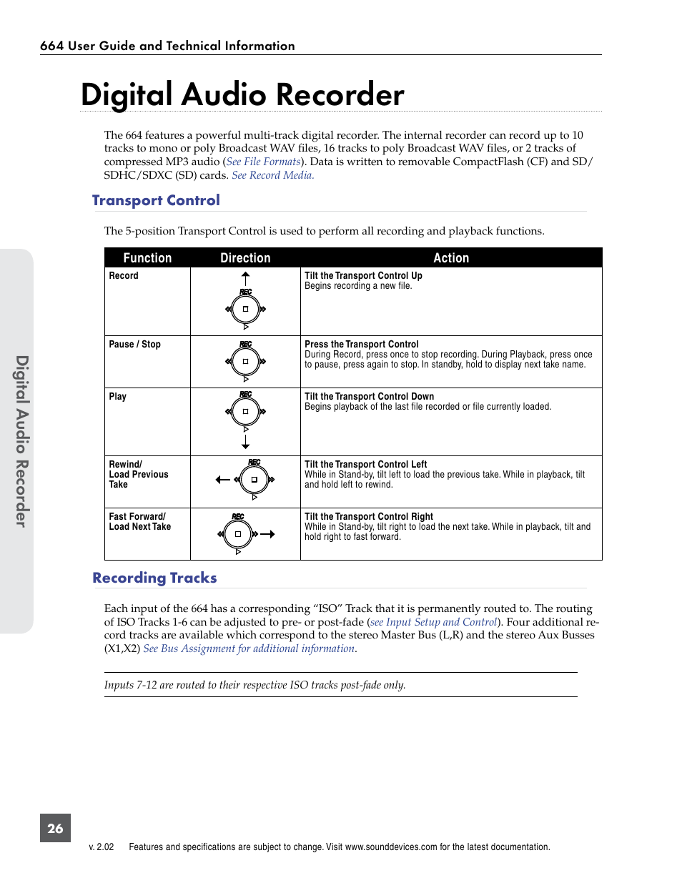 Digital audio recorder, Transport control, Recording tracks | Transport control recording tracks, Digital a udio r ecor der | Sound Devices 664 User Manual | Page 32 / 78