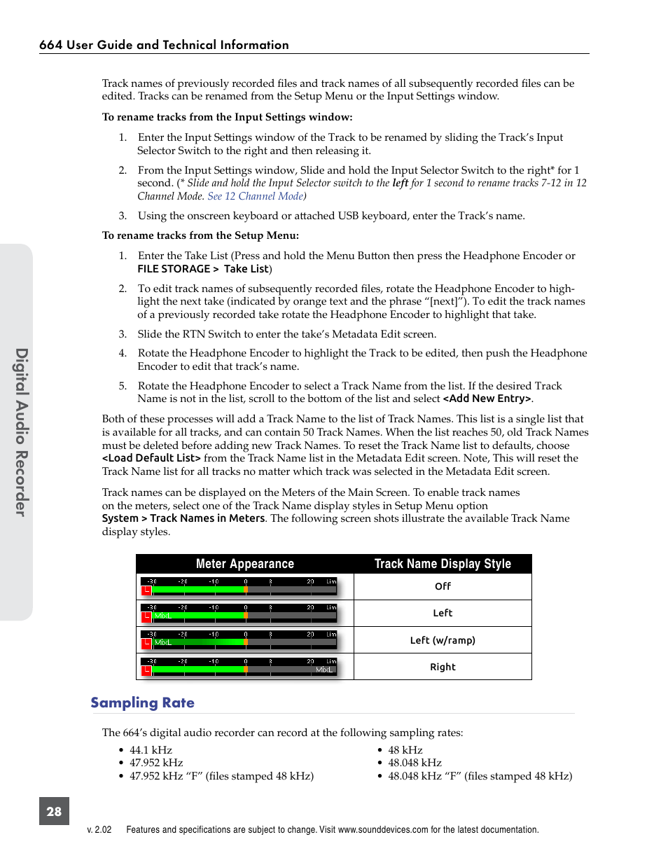 Sampling rate, Digital a udio r ecor der | Sound Devices 664 User Manual | Page 34 / 78