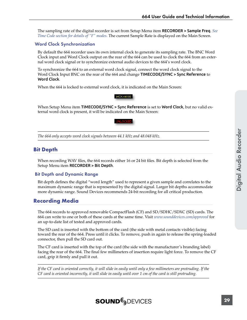 Bit depth, Recording media, Bit depth recording media | Digital a udio r ecor der | Sound Devices 664 User Manual | Page 35 / 78