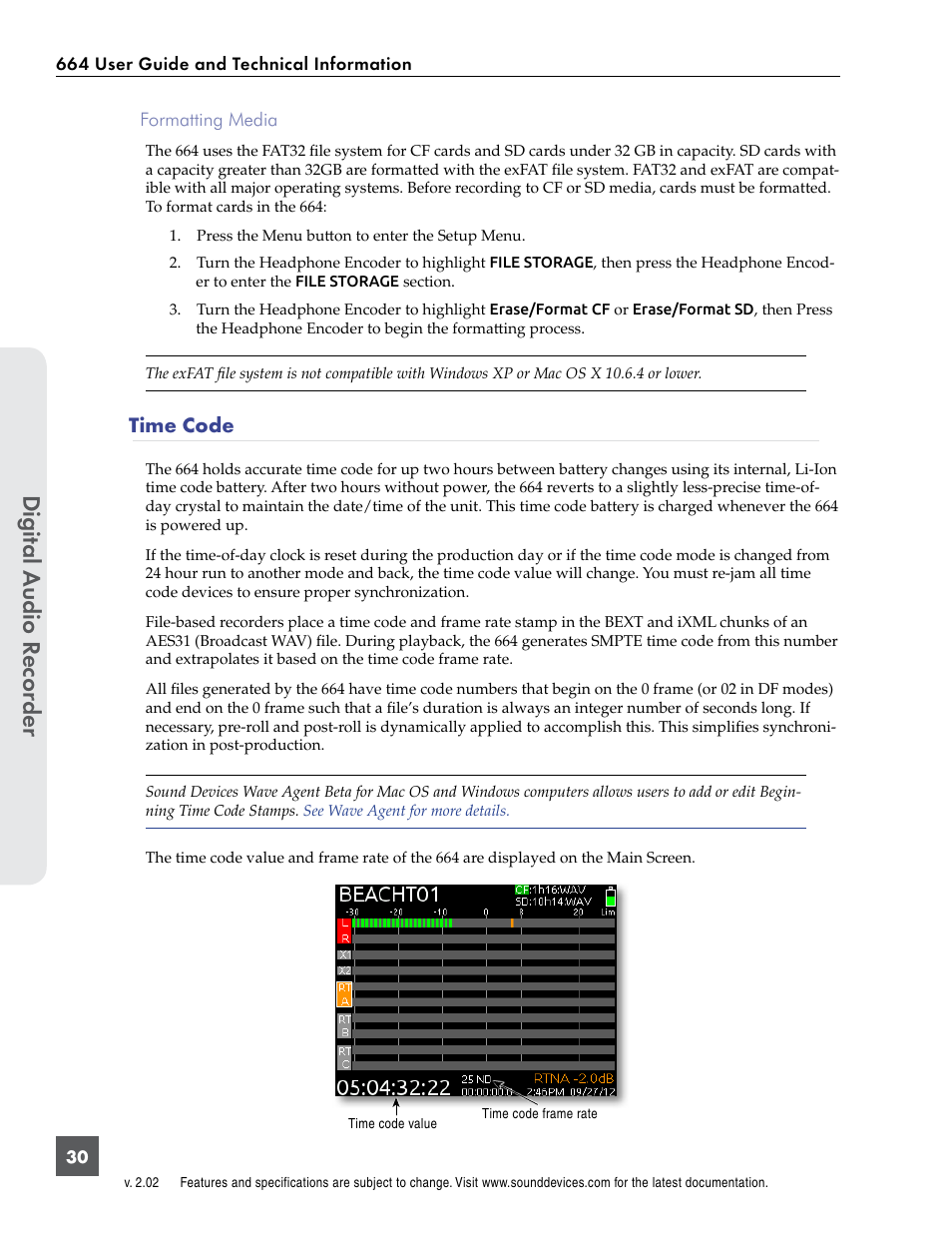 Time code, Digital a udio r ecor der | Sound Devices 664 User Manual | Page 36 / 78