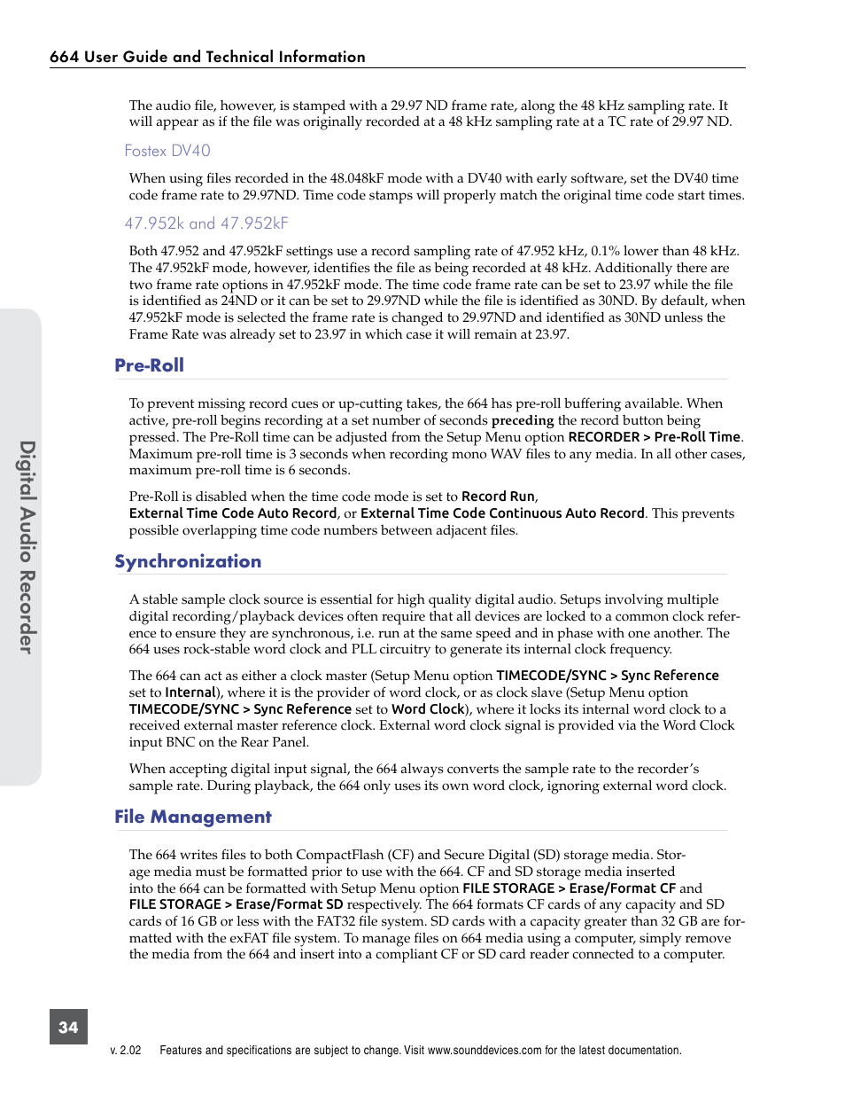 Pre-roll, Synchronization, File management | Pre-roll synchronization file management, Digital a udio r ecor der | Sound Devices 664 User Manual | Page 40 / 78