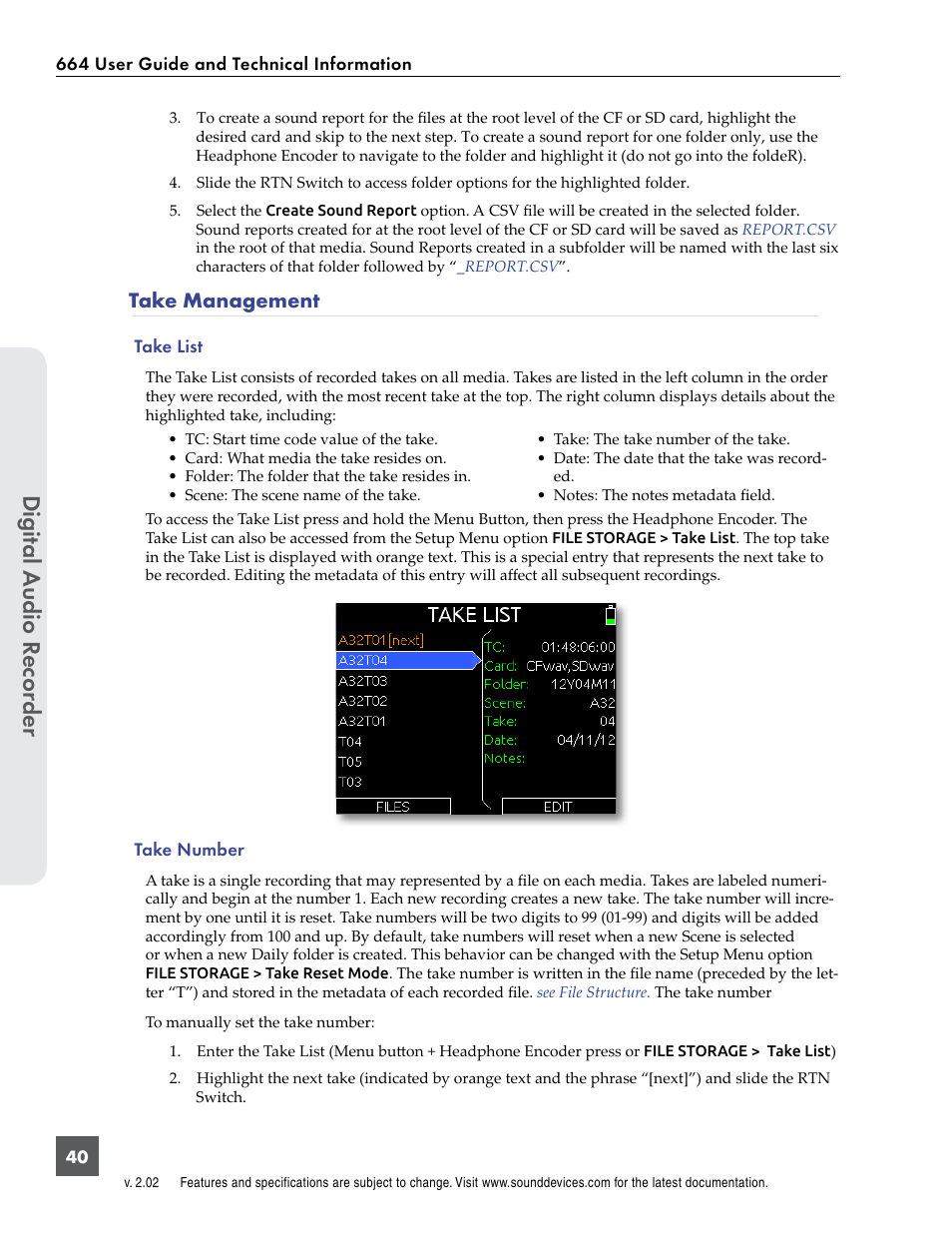 Take management, Digital a udio r ecor der | Sound Devices 664 User Manual | Page 46 / 78