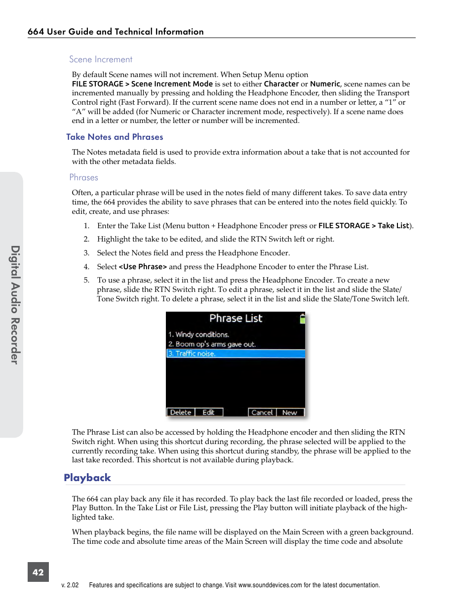 Playback, Digital a udio r ecor der | Sound Devices 664 User Manual | Page 48 / 78