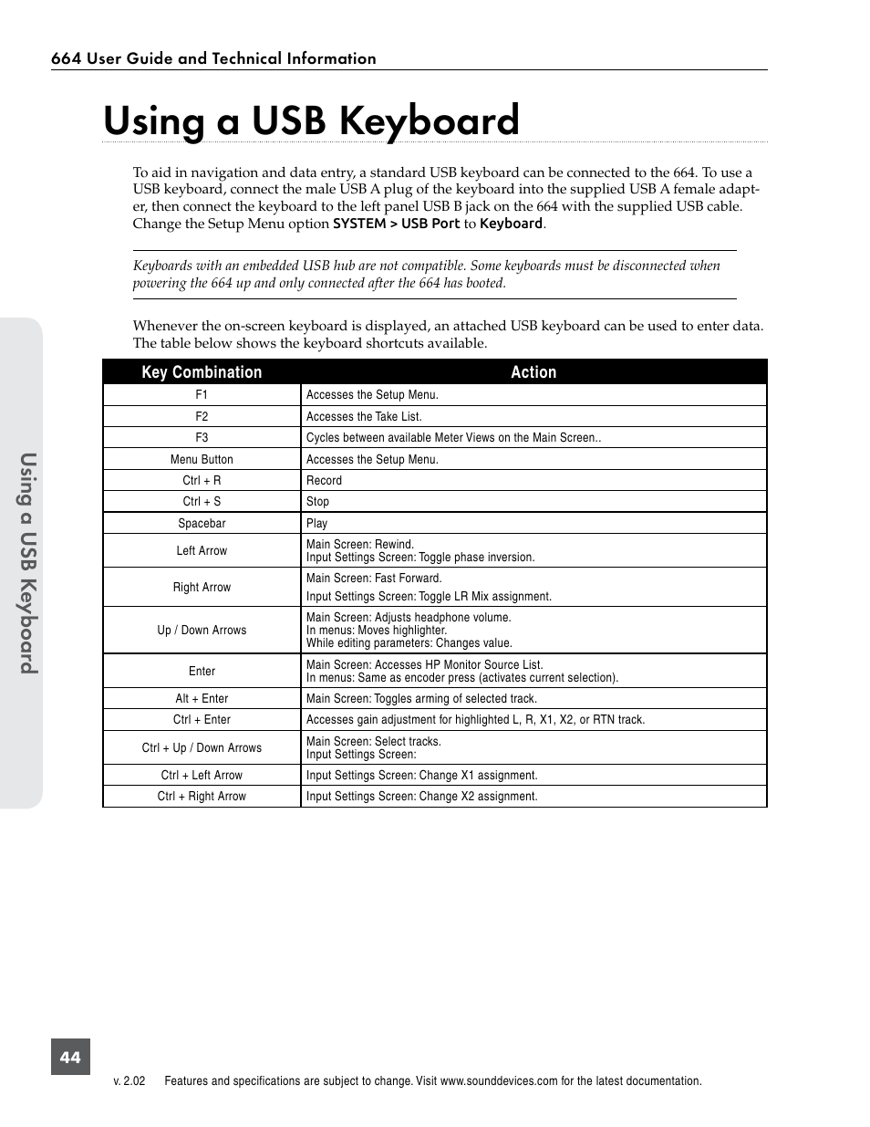 Using a usb keyboard, Using a usb k eyboar d | Sound Devices 664 User Manual | Page 50 / 78