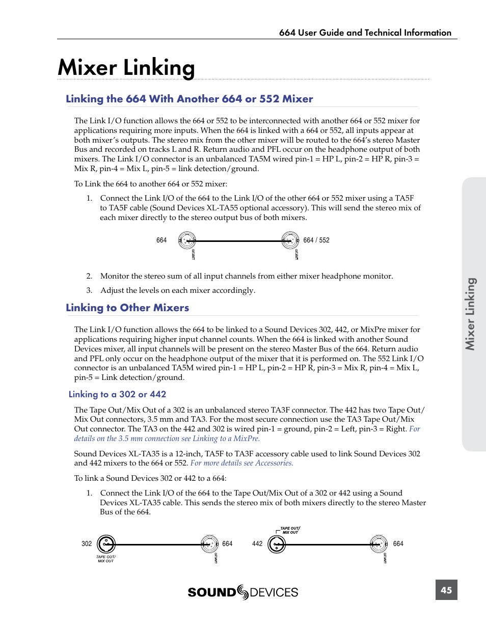 Mixer linking, Linking the 664 with another 664 or 552 mixer, Linking to other mixers | Mix er linking | Sound Devices 664 User Manual | Page 51 / 78