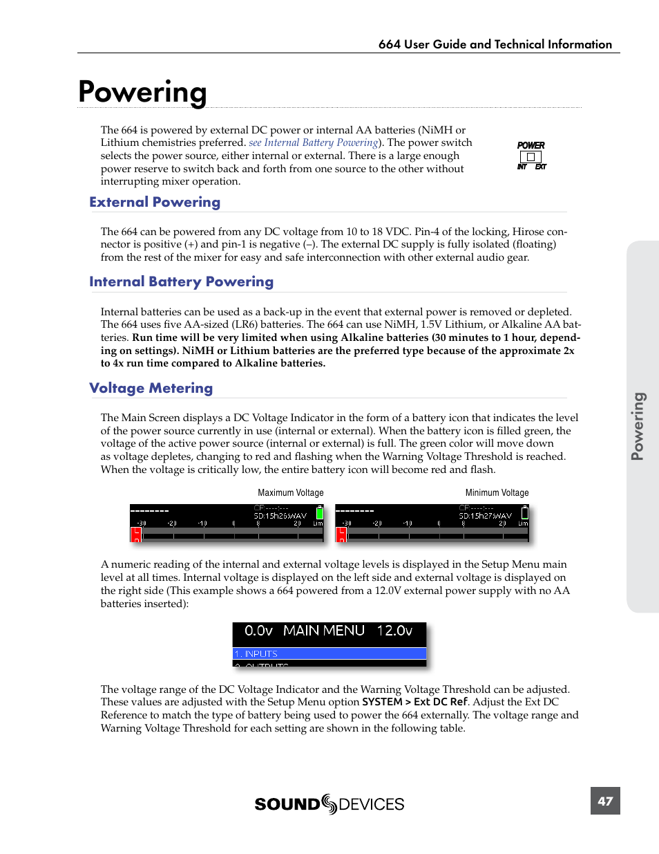 Powering, External powering, Internal battery powering | Voltage metering, External powering internal battery powering, Po w er ing | Sound Devices 664 User Manual | Page 53 / 78