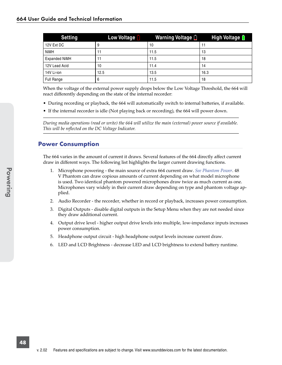 Power consumption, Po w er ing | Sound Devices 664 User Manual | Page 54 / 78