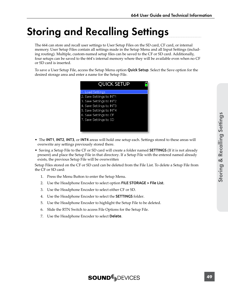 Storing and recalling settings, St or ing & r ecalling se ttings | Sound Devices 664 User Manual | Page 55 / 78