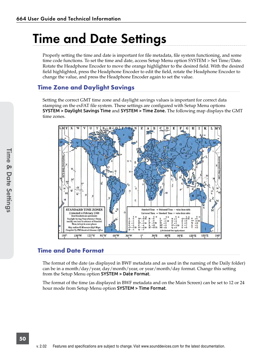 Time and date settings, Time zone and daylight savings, Time and date format | Time & dat e se ttings | Sound Devices 664 User Manual | Page 56 / 78
