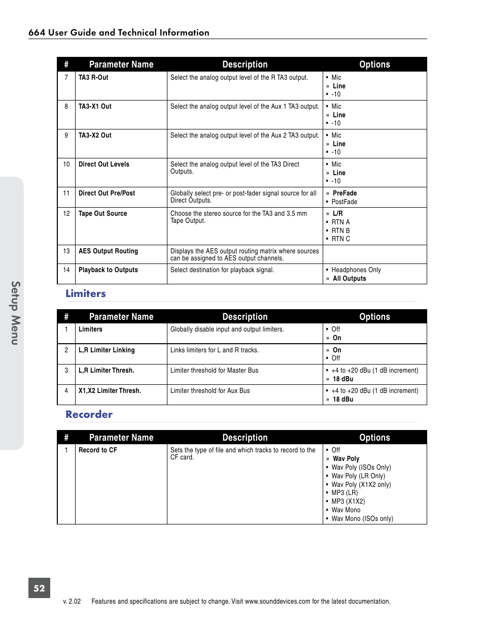 Limiters, Recorder, Limiters recorder | Se tup menu | Sound Devices 664 User Manual | Page 58 / 78
