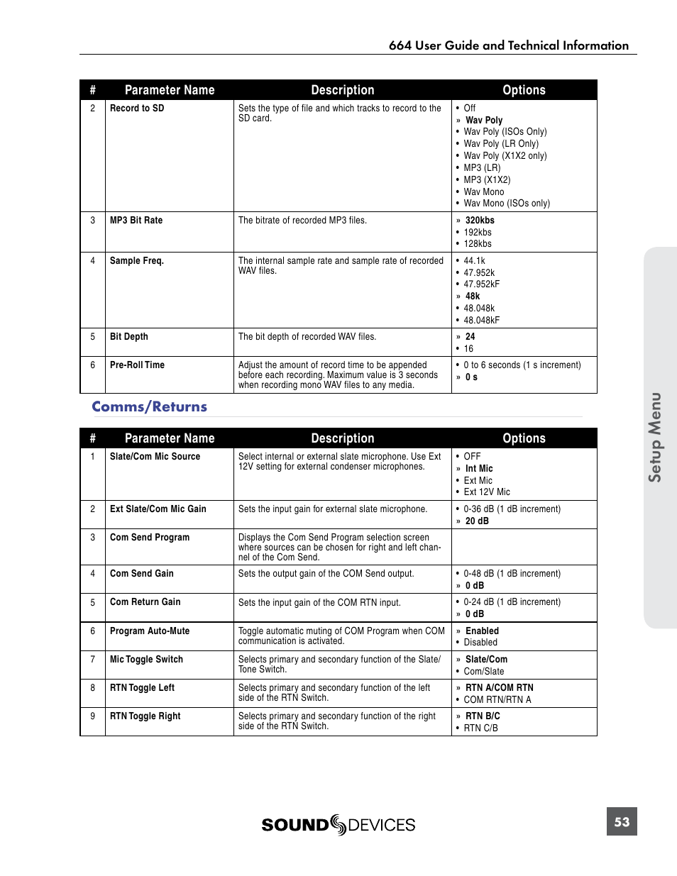 Comms/returns, Se tup menu | Sound Devices 664 User Manual | Page 59 / 78