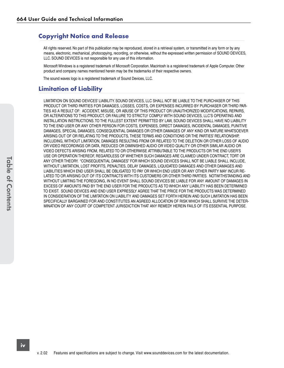 Table of cont ents, Copyright notice and release, Limitation of liability | Sound Devices 664 User Manual | Page 6 / 78