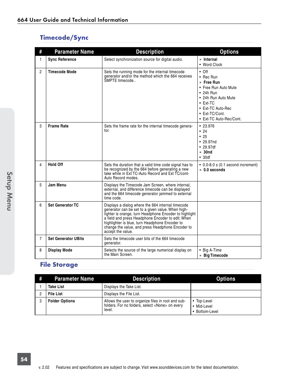 Timecode/sync, File storage, Timecode/sync file storage | Se tup menu | Sound Devices 664 User Manual | Page 60 / 78