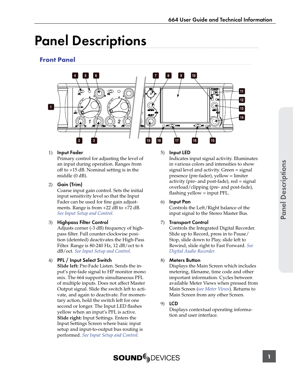 Panel descriptions, Front panel, Panel descr ip tions | Sound Devices 664 User Manual | Page 7 / 78
