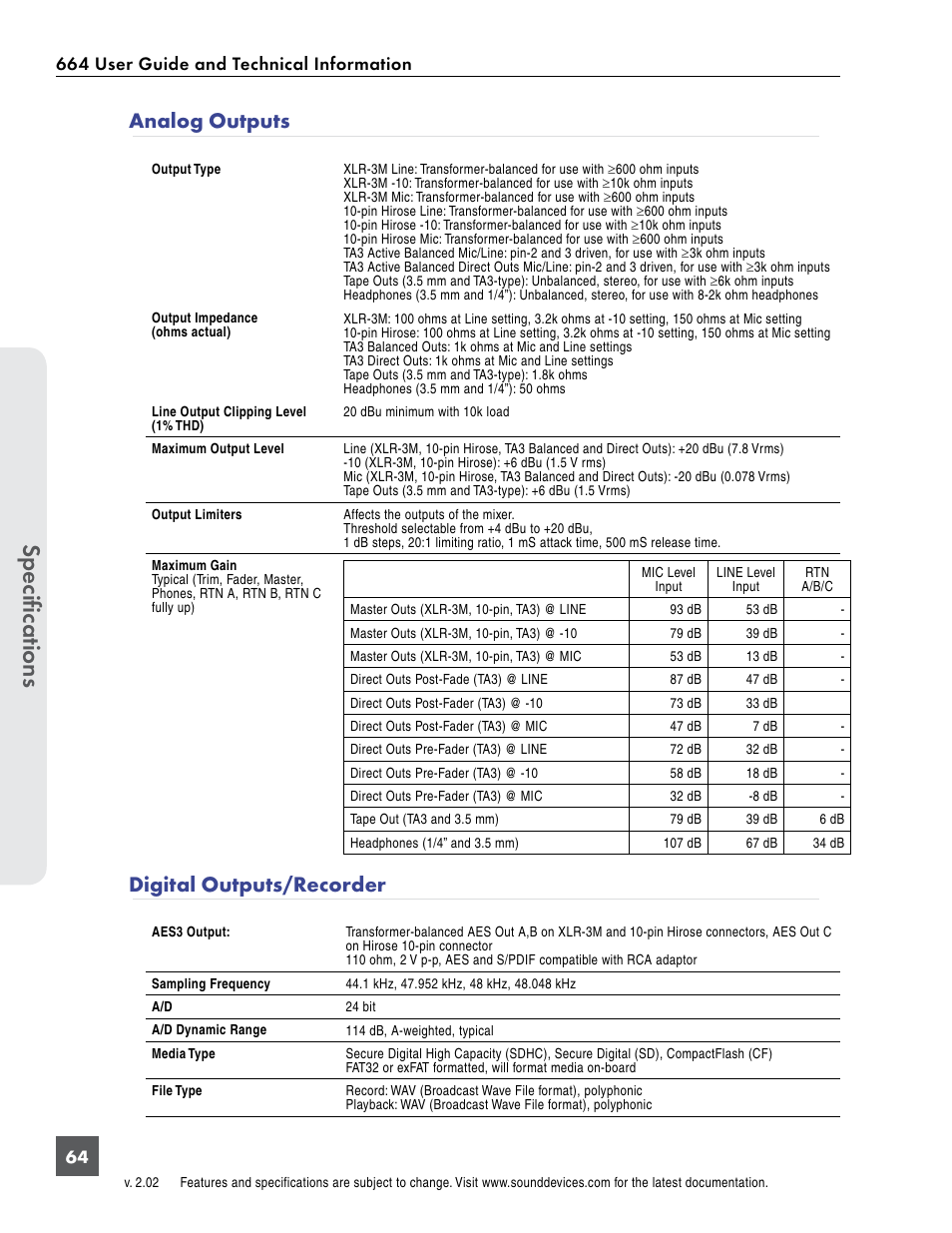 Analog outputs, Digital outputs/recorder, Analog outputs digital outputs/recorder | Specifications, 664 user guide and technical information | Sound Devices 664 User Manual | Page 70 / 78