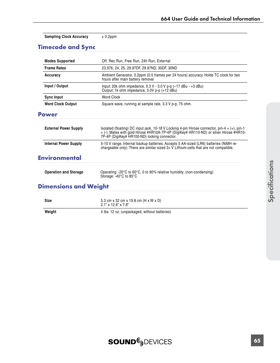 Timecode and sync, Power, Environmental | Dimensions and weight, Specifications | Sound Devices 664 User Manual | Page 71 / 78