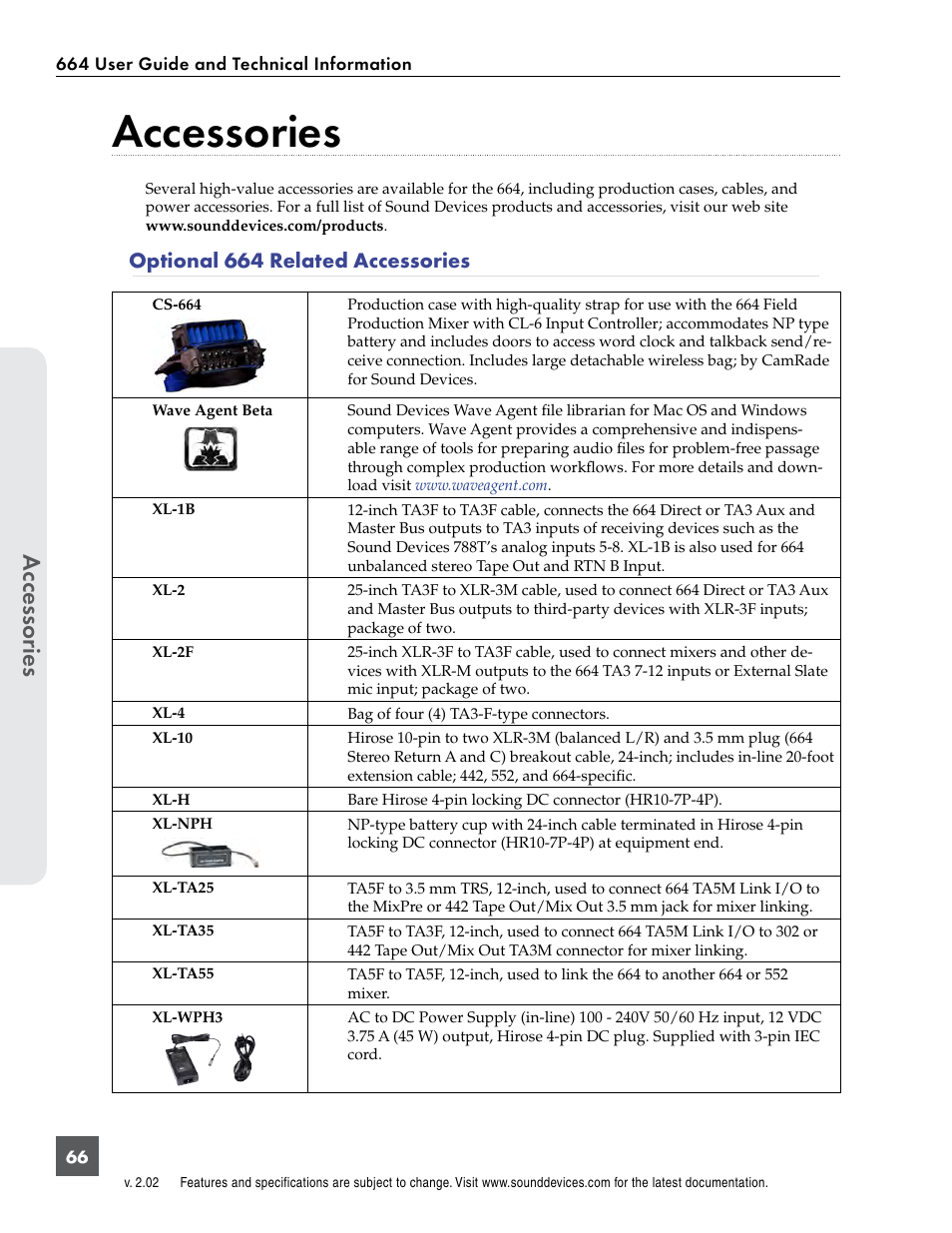 Accessories, Accessor ies, Optional 664 related accessories | Sound Devices 664 User Manual | Page 72 / 78