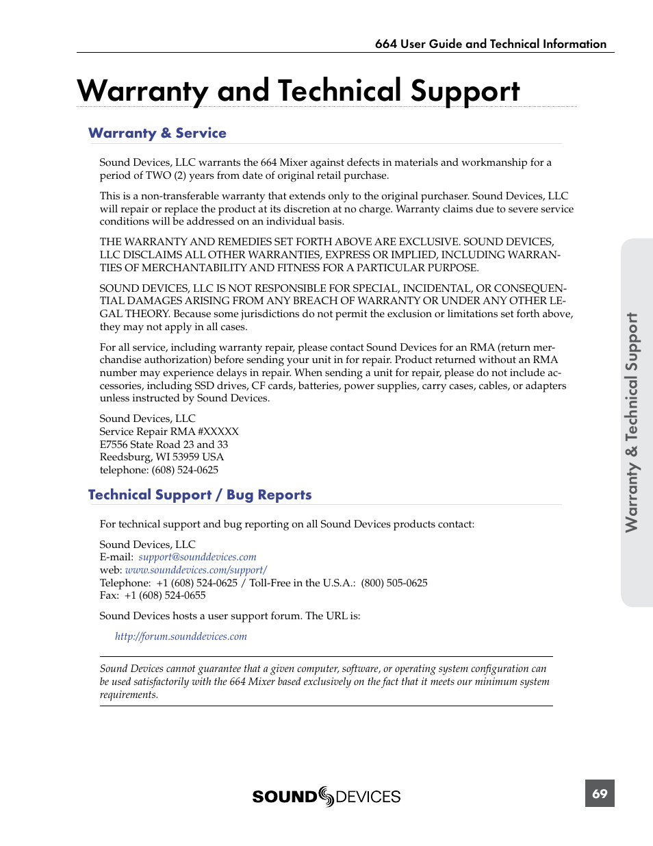 Warranty and technical support, War ranty & t ec hnical suppor t, Warranty & service | Technical support / bug reports | Sound Devices 664 User Manual | Page 75 / 78