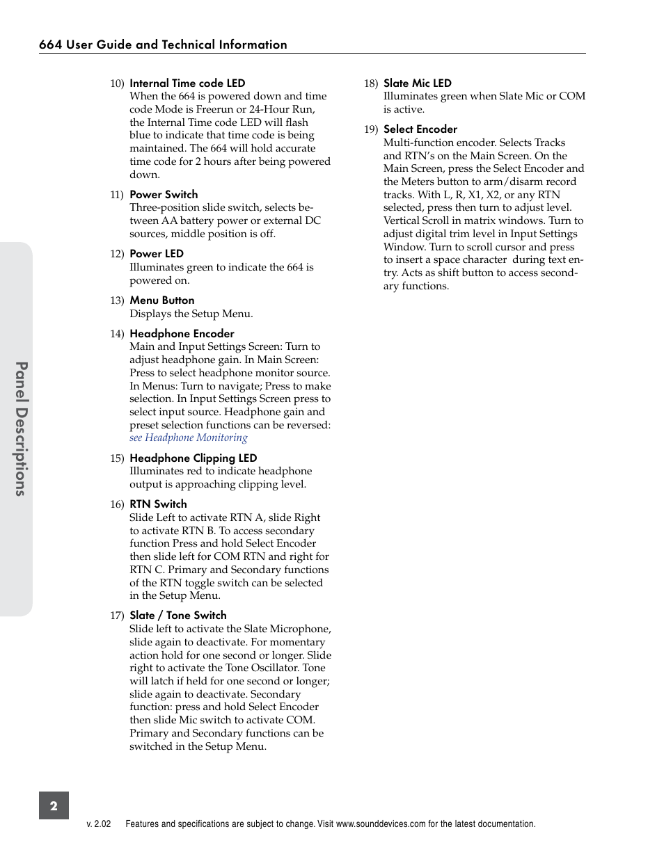 Panel descr ip tions | Sound Devices 664 User Manual | Page 8 / 78
