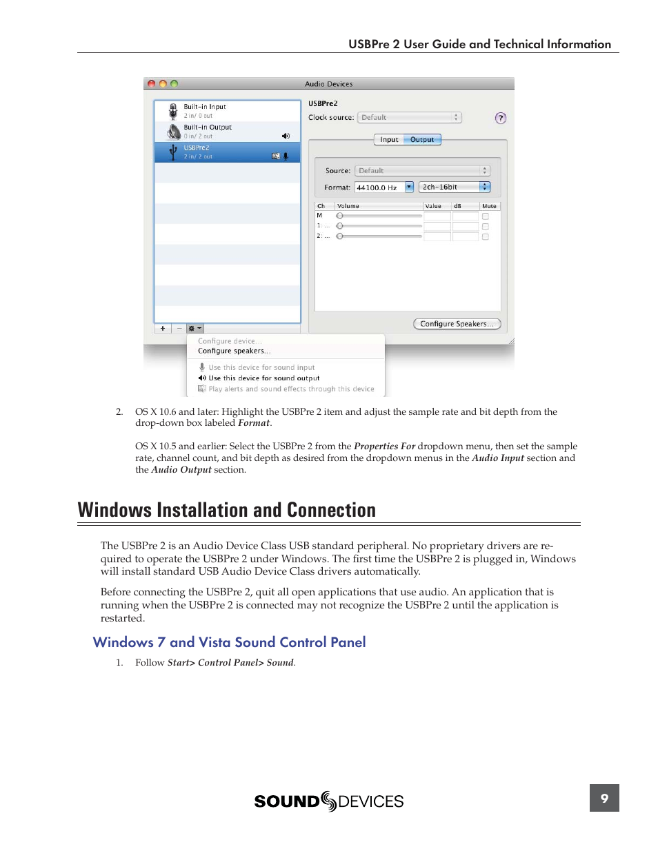 Windows installation and connection, Windows 7 and vista sound control panel | Sound Devices USBPre 2 User Manual | Page 10 / 27