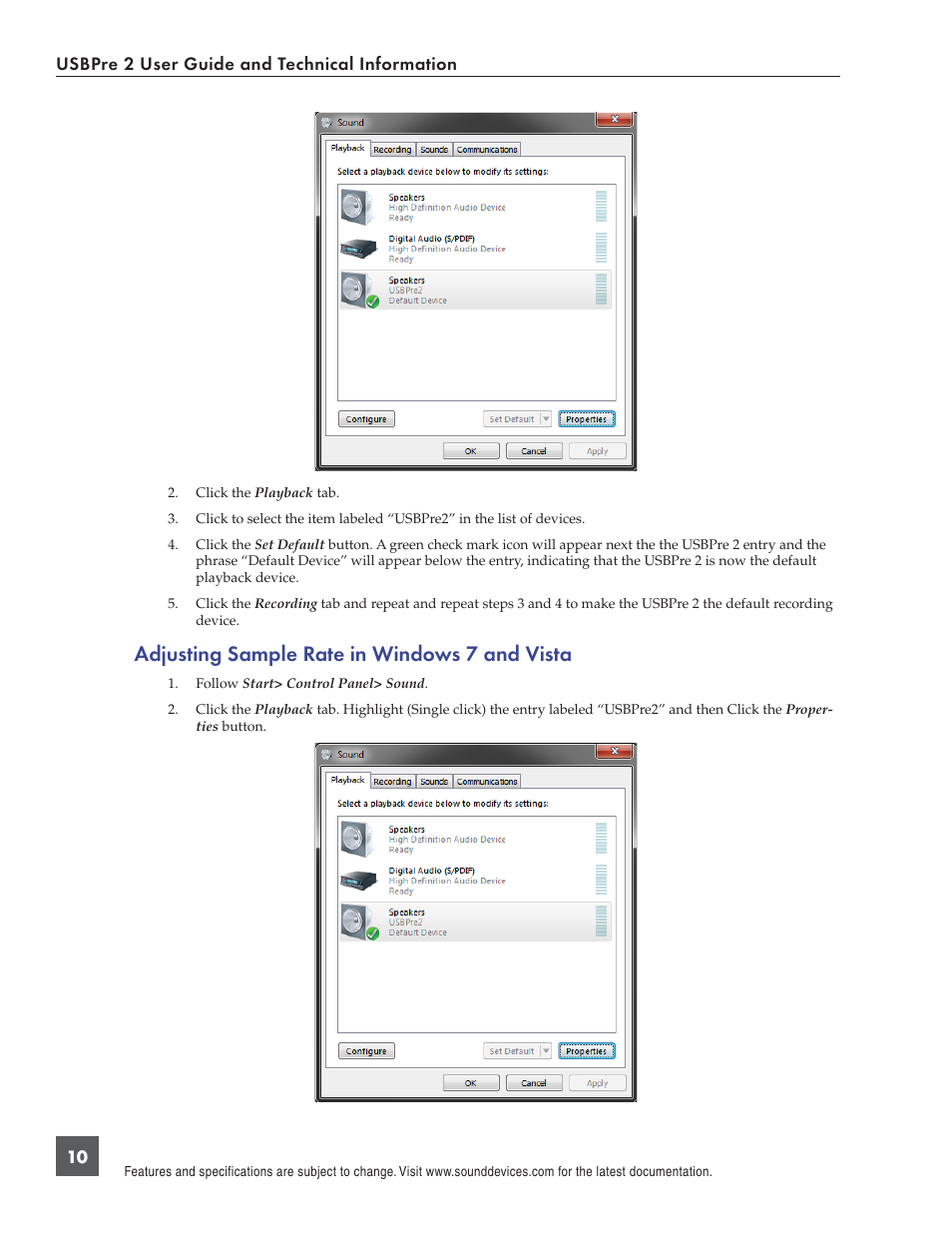 Adjusting sample rate in windows 7 and vista, Usbpre 2 user guide and technical information 10 | Sound Devices USBPre 2 User Manual | Page 11 / 27