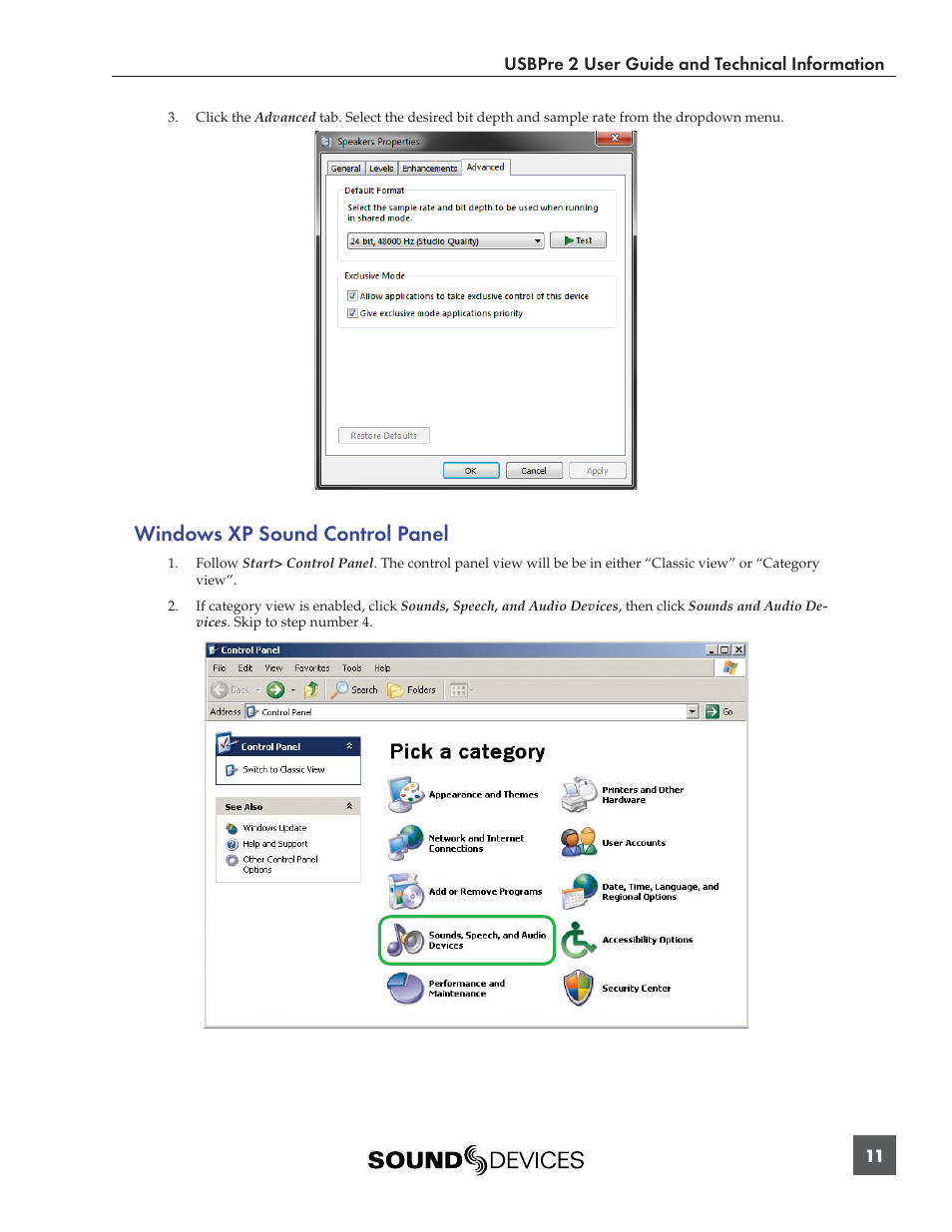 Windows xp sound control panel | Sound Devices USBPre 2 User Manual | Page 12 / 27