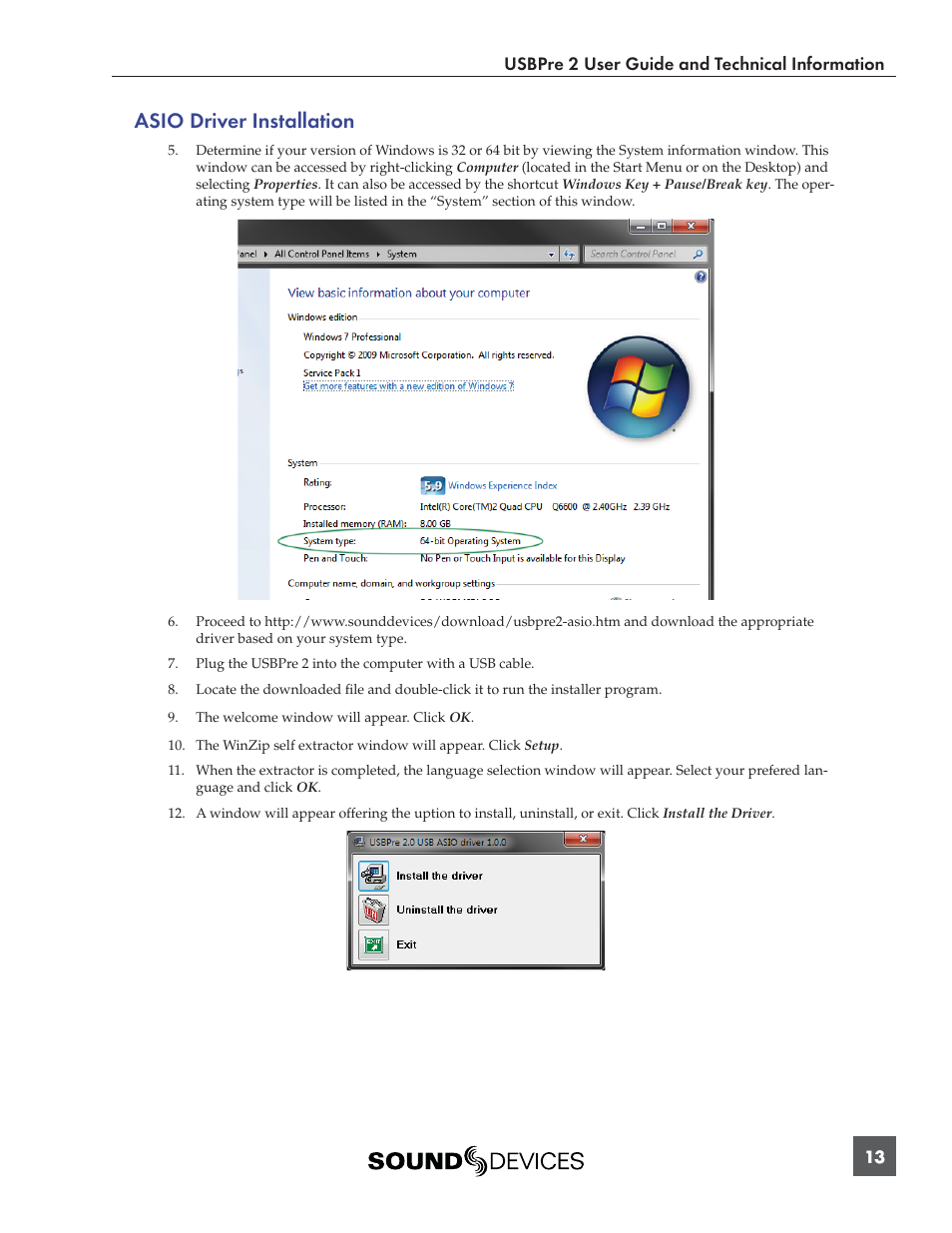 Asio driver installation, Usbpre 2 user guide and technical information 13 | Sound Devices USBPre 2 User Manual | Page 14 / 27