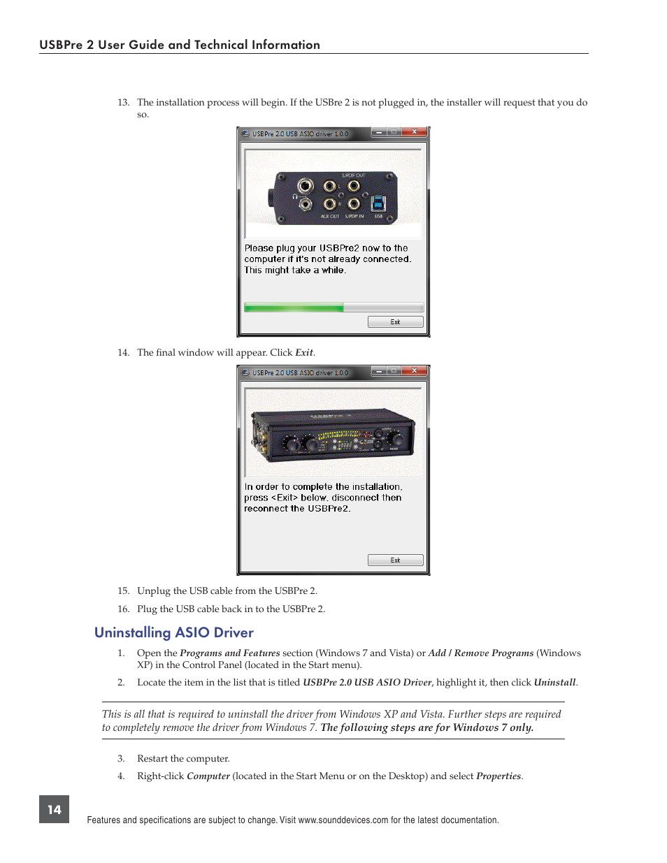 Uninstalling asio driver, Usbpre 2 user guide and technical information 14 | Sound Devices USBPre 2 User Manual | Page 15 / 27
