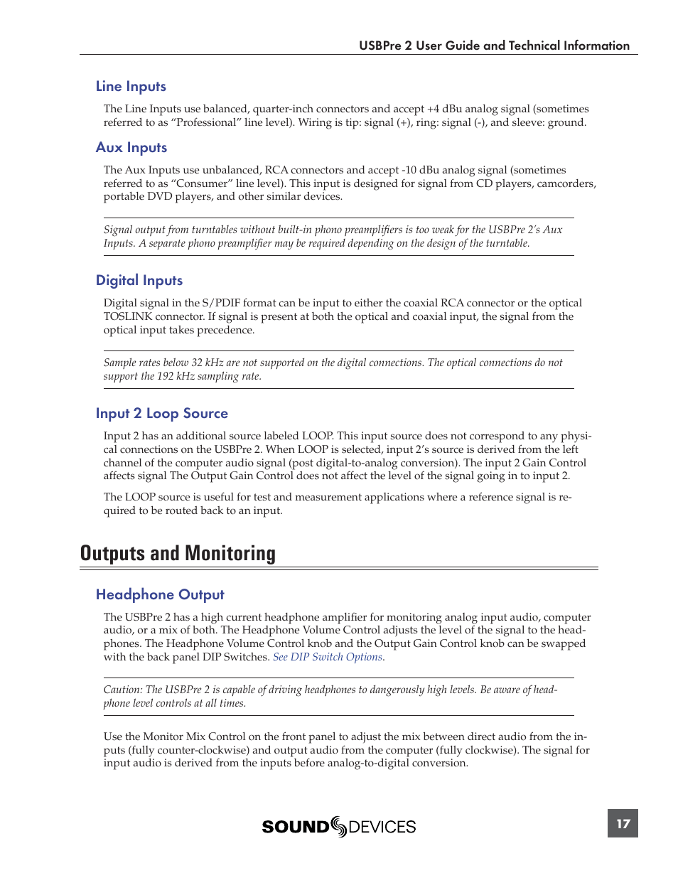 Outputs and monitoring | Sound Devices USBPre 2 User Manual | Page 18 / 27