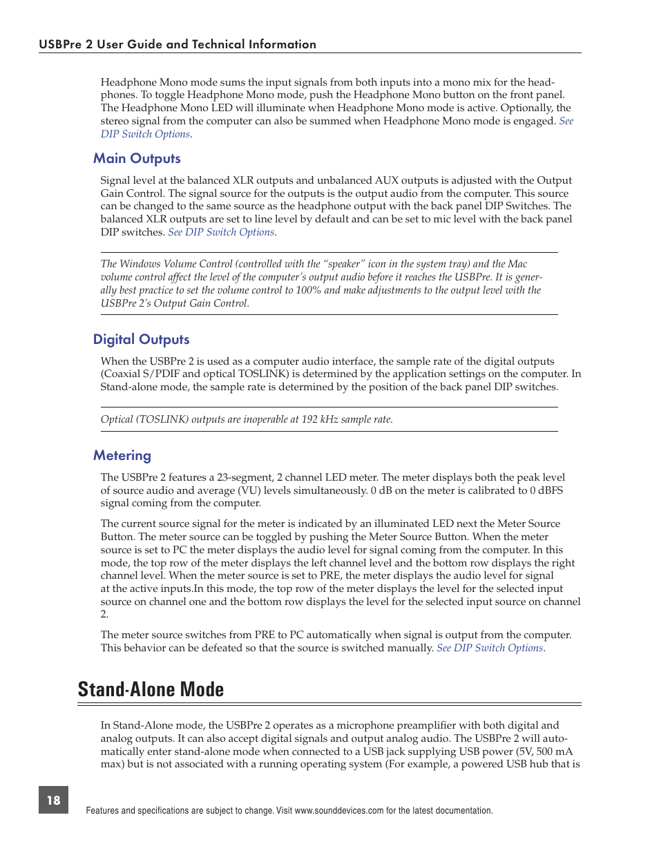 Stand-alone mode, Main outputs, Digital outputs | Metering | Sound Devices USBPre 2 User Manual | Page 19 / 27