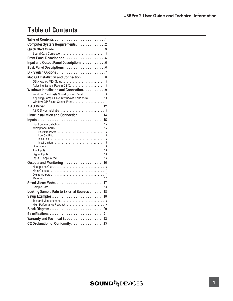 Sound Devices USBPre 2 User Manual | Page 2 / 27