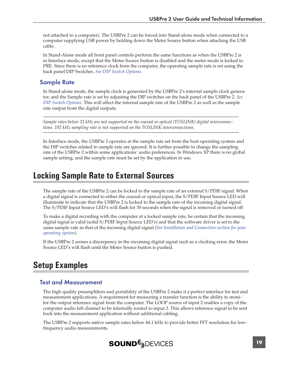 Locking sample rate to external sources, Setup examples, Sample rate | Test and measurement | Sound Devices USBPre 2 User Manual | Page 20 / 27