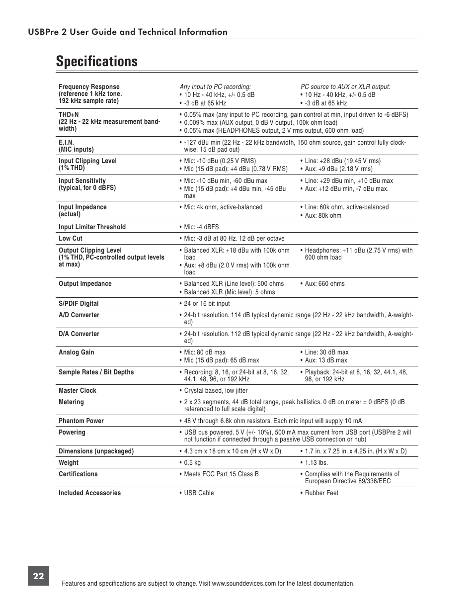 Specifi cations, Usbpre 2 user guide and technical information 22 | Sound Devices USBPre 2 User Manual | Page 23 / 27