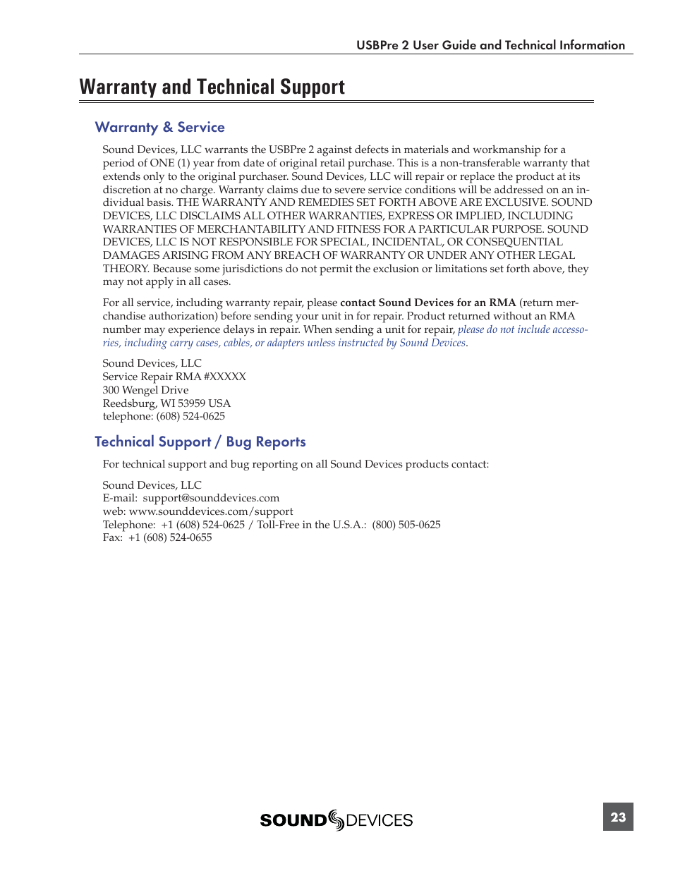 Warranty and technical support | Sound Devices USBPre 2 User Manual | Page 24 / 27