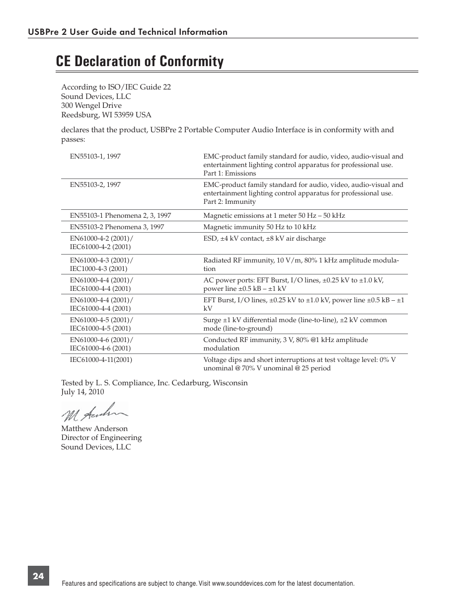 Ce declaration of conformity | Sound Devices USBPre 2 User Manual | Page 25 / 27