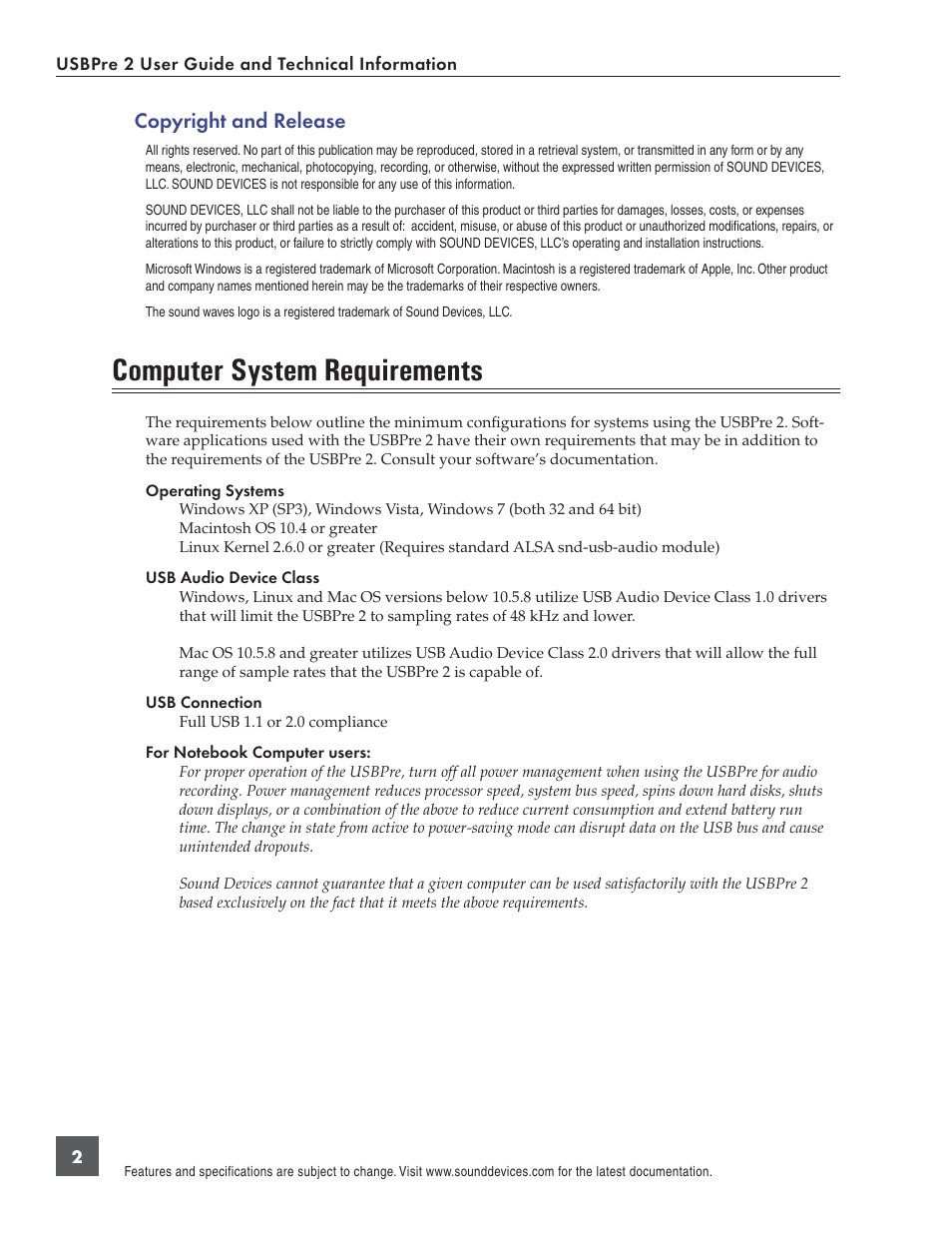 Computer system requirements, Copyright and release | Sound Devices USBPre 2 User Manual | Page 3 / 27
