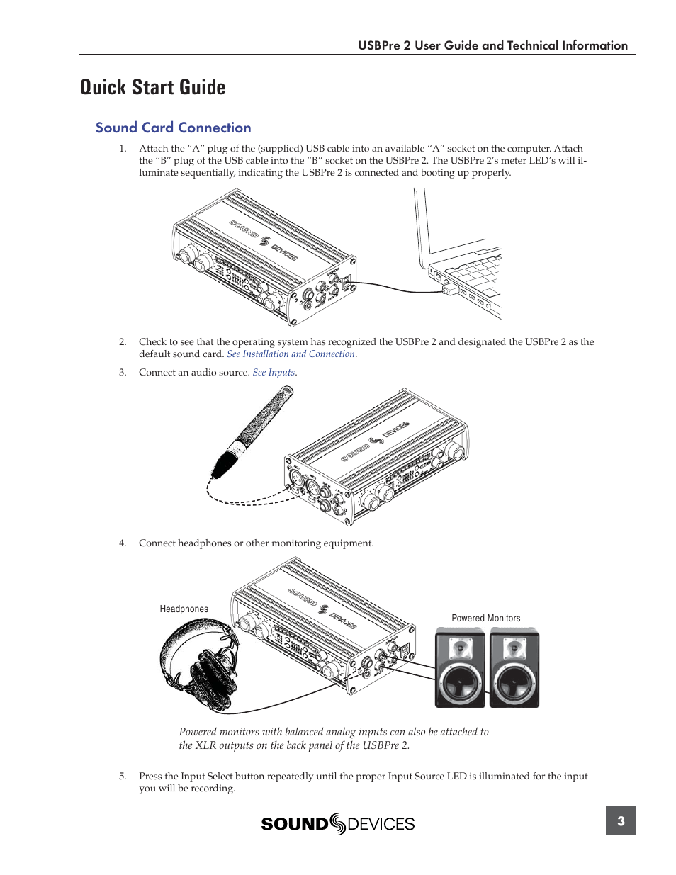 Quick start guide, Sound card connection | Sound Devices USBPre 2 User Manual | Page 4 / 27