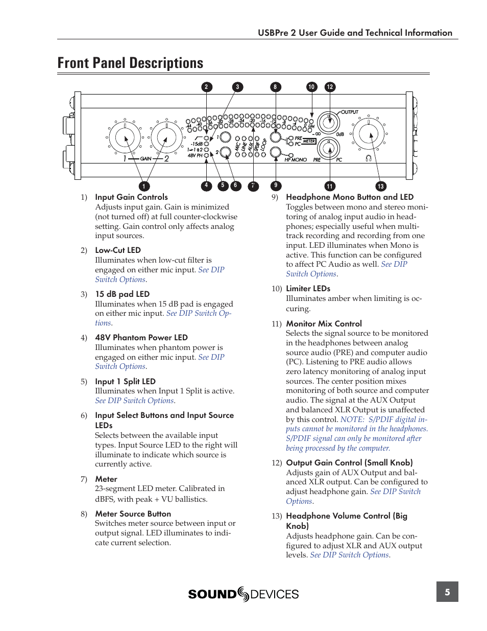 Front panel descriptions | Sound Devices USBPre 2 User Manual | Page 6 / 27