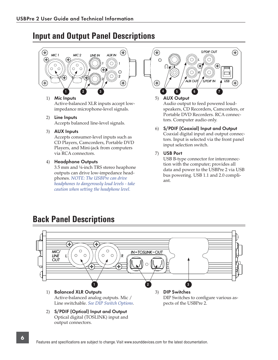 Input and output panel descriptions, Back panel descriptions | Sound Devices USBPre 2 User Manual | Page 7 / 27