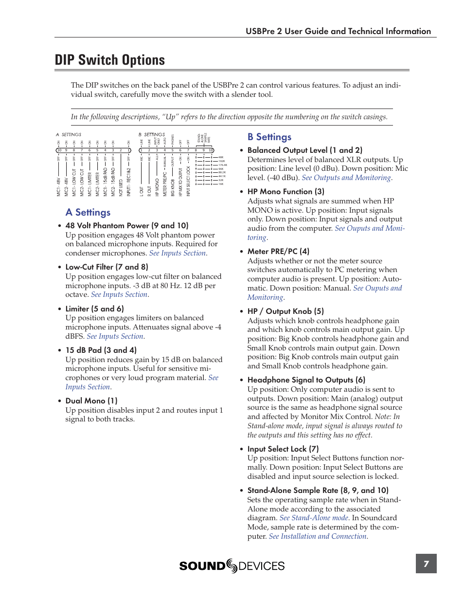 Dip switch options, A settings, B settings | Usbpre 2 user guide and technical information 7, Low-cut filter (7 and 8), Limiter (5 and 6), 15 db pad (3 and 4), Dual mono (1), Balanced output level (1 and 2), Hp mono function (3) | Sound Devices USBPre 2 User Manual | Page 8 / 27
