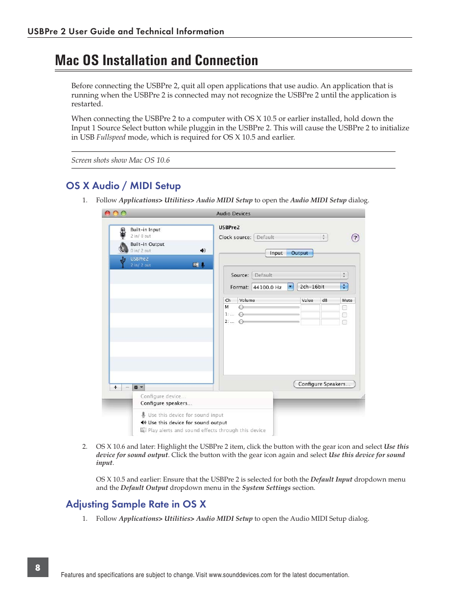 Mac os installation and connection, Os x audio / midi setup, Adjusting sample rate in os x | Sound Devices USBPre 2 User Manual | Page 9 / 27