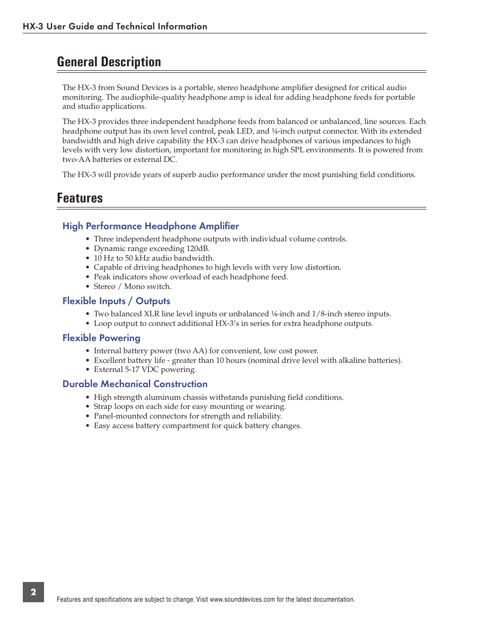 General description, Features | Sound Devices HX-3 User Manual | Page 2 / 10
