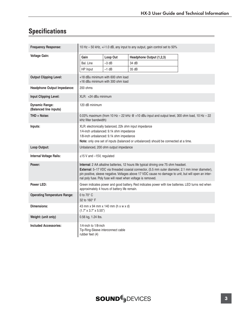 Specifi cations, Hx-3 user guide and technical information 3 | Sound Devices HX-3 User Manual | Page 3 / 10