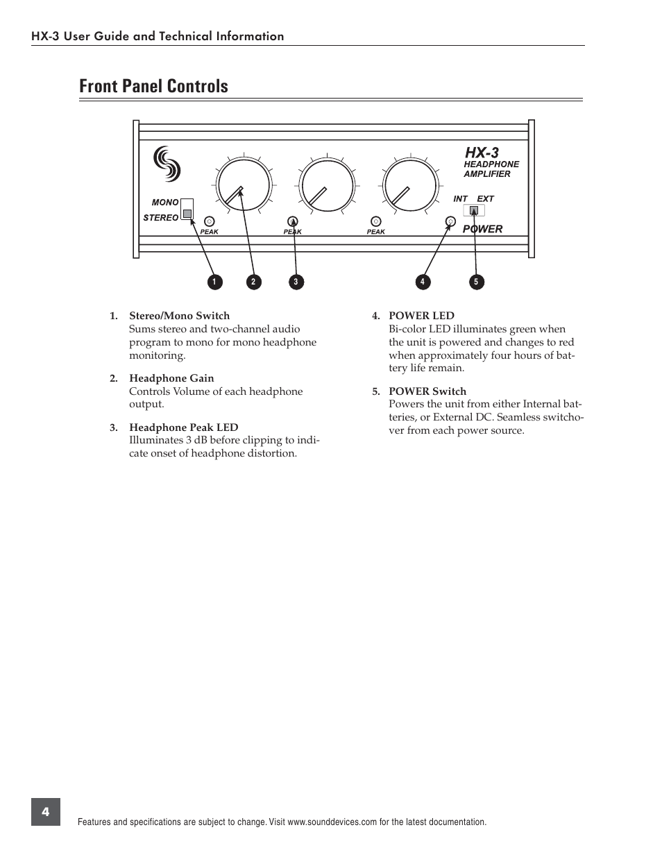 Front panel controls | Sound Devices HX-3 User Manual | Page 4 / 10
