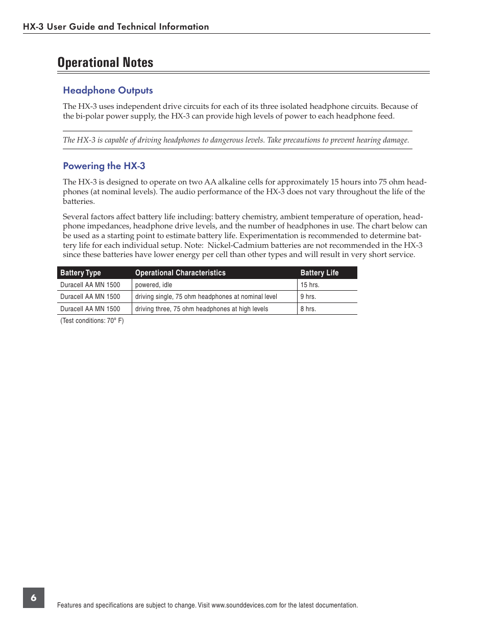 Headphone outputs, Powering the hx-3 | Sound Devices HX-3 User Manual | Page 6 / 10