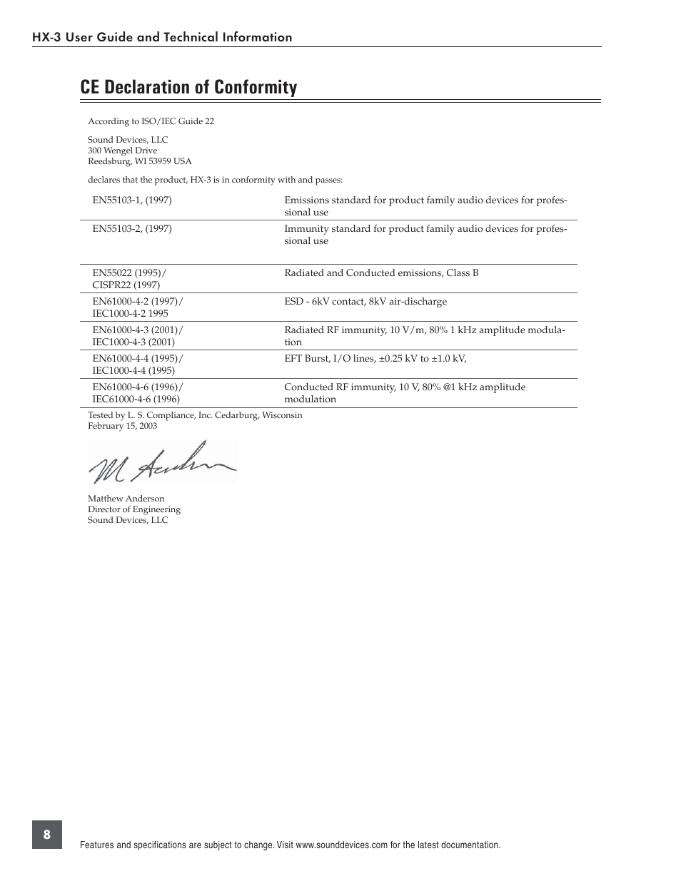 Ce declaration of conformity, Hx-3 user guide and technical information 8 | Sound Devices HX-3 User Manual | Page 8 / 10