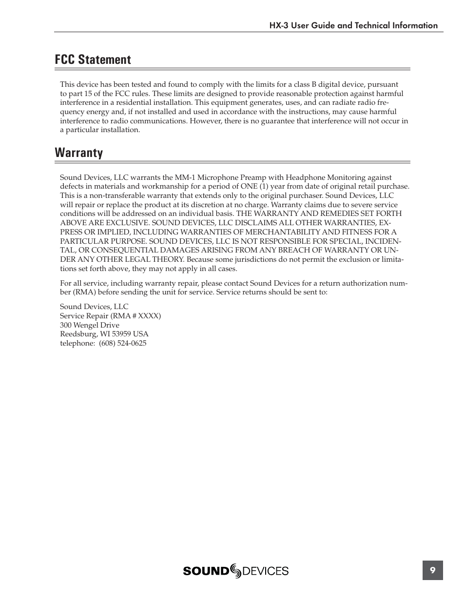 Fcc statement, Warranty | Sound Devices HX-3 User Manual | Page 9 / 10